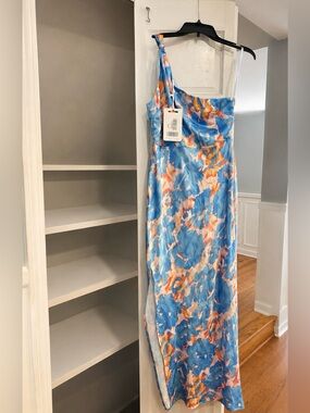 NWT Here Comes the Sun One-Shoulder Blue & Orange Floral Slip Dress